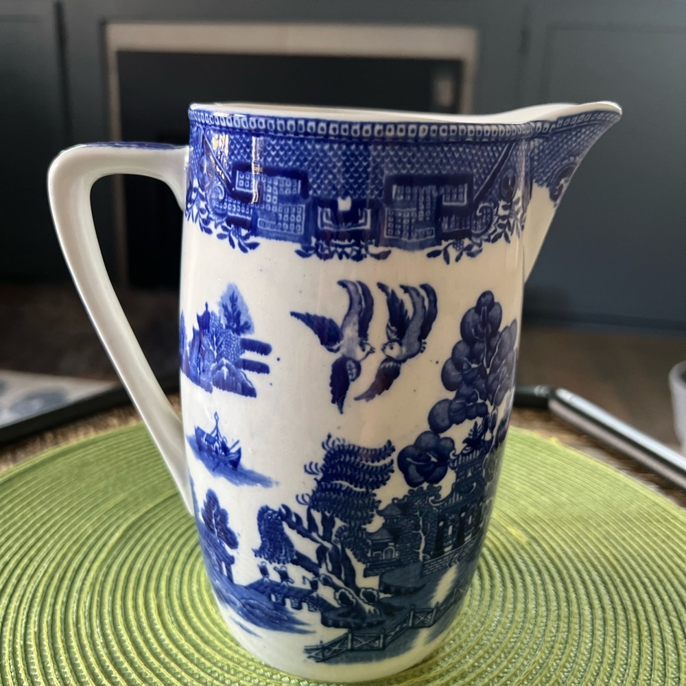 Blue and white pitcher